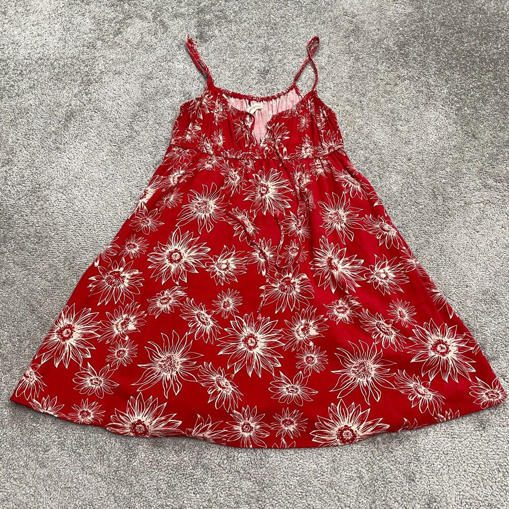 Rewind Linen Blend A-Line Sun Dress Womens Large Red Floral Spaghetti Strap Boho